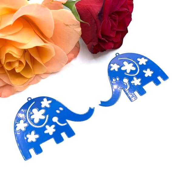 2 Pendentifs Elephant Fleuri Bleu Outremer , Pendentif Tropical, 46*35 mm - Photo n°1