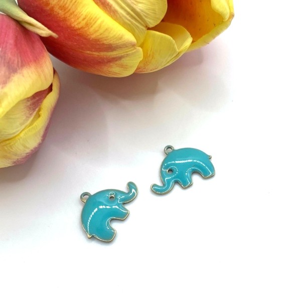 2 Sequins Petits Elephants Bleu Vert, Breloques émaillées Eléphant, 16*14 mm - Photo n°1