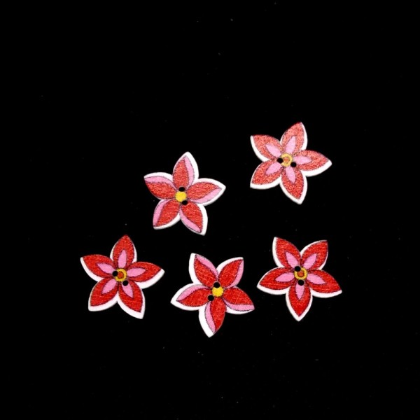 5 Boutons en bois - fleur rouge - 18mm - bri515 - Photo n°1