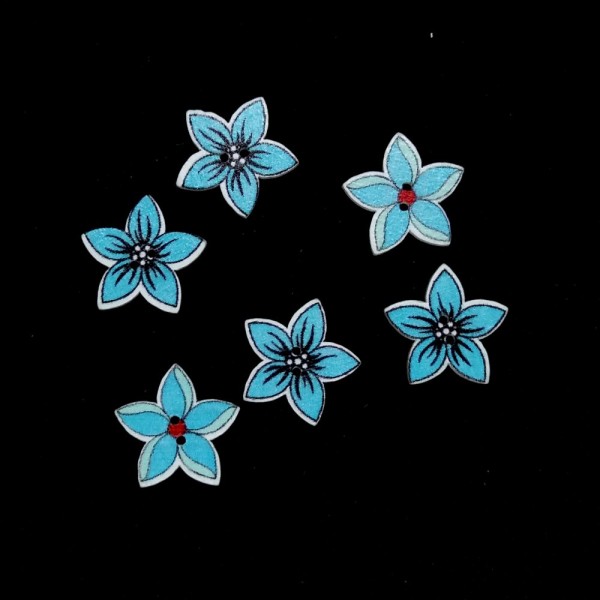 6 Boutons en bois - fleur bleu - 18mm - bri515 - Photo n°1