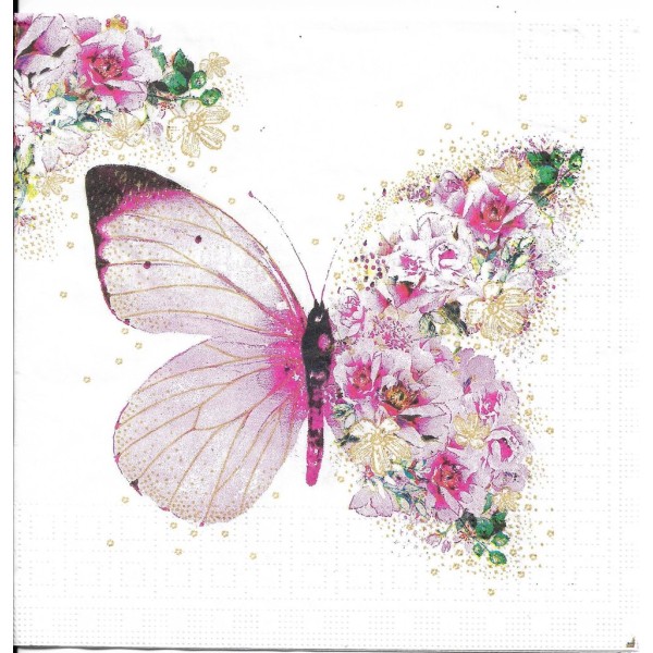 4 Serviettes en papier Papillon Roses Format Lunch Decoupage Decopatch 133-3649 PPD - Photo n°1