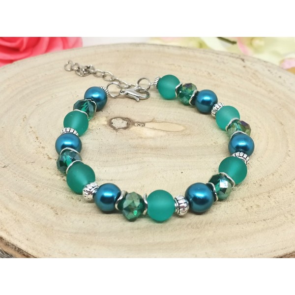 Kit bracelet ajustable perles en verre turquoises et vertes - Photo n°2