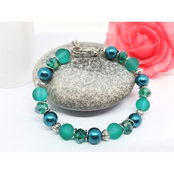 Kit bracelet ajustable perles en verre turquoises et vertes - Photo n°1