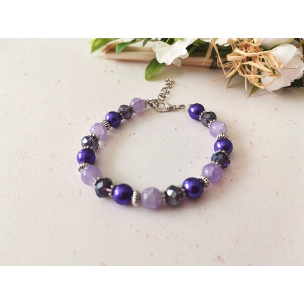 Kit bracelet ajustable perles en verre mauve et violette - Photo n°1