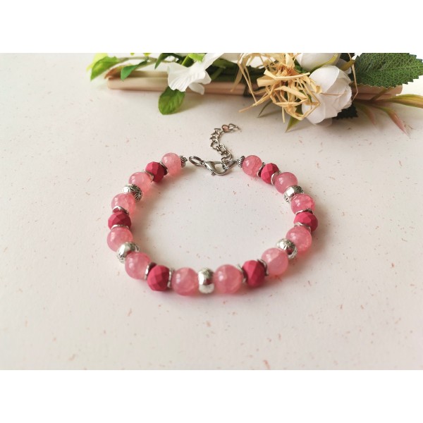 Kit bracelet ajustable perles en verre rose et framboise - Photo n°1