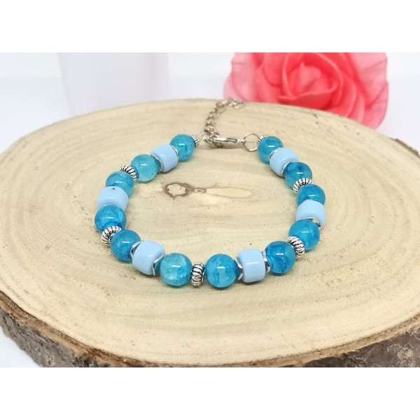 Kit bracelet ajustable perles en verre bleu et bleu ciel - Photo n°3