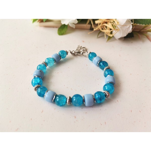 Kit bracelet ajustable perles en verre bleu et bleu ciel - Photo n°1
