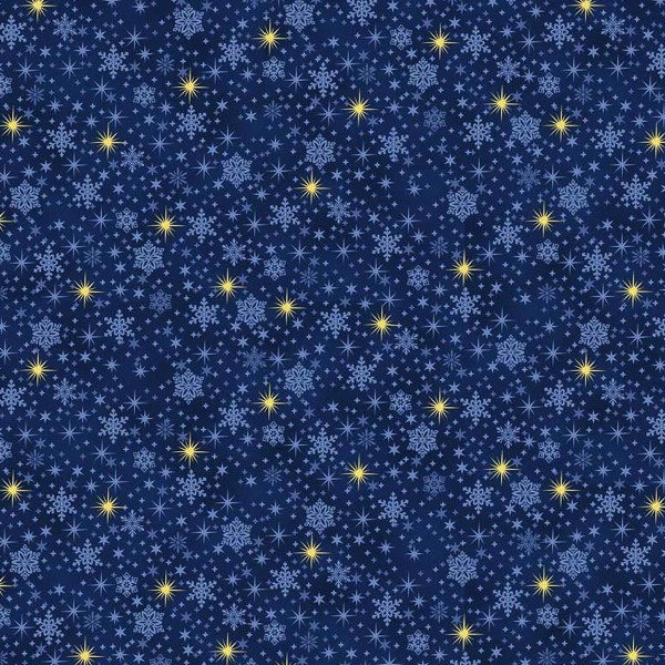 Tissu Coton Noël - Flocons - Bleu nuit - Vendu par 10 cm - Photo n°1