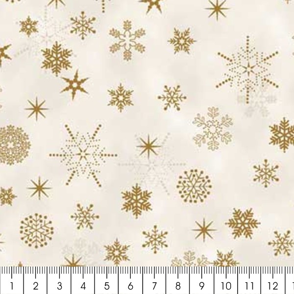 Tissu Coton Noël - Flocons et étoiles - Écru/Doré - Vendu par 10 cm - Photo n°2