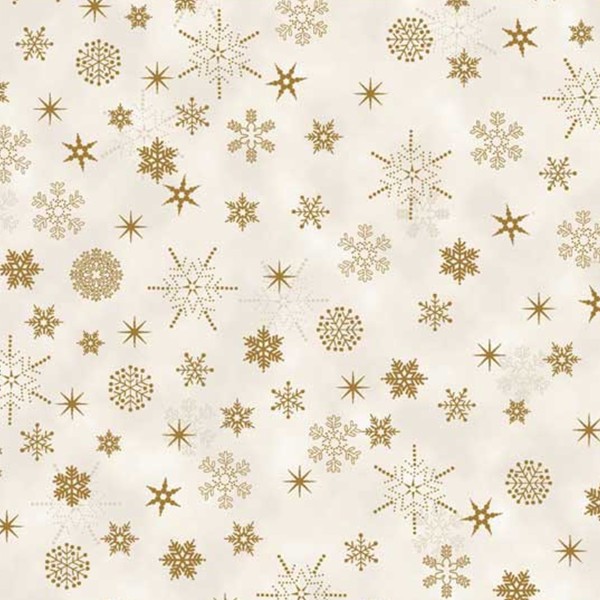 Tissu Coton Noël - Flocons et étoiles - Écru/Doré - Vendu par 10 cm - Photo n°1