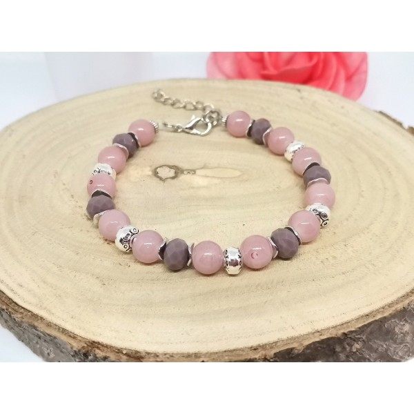 Kit bracelet ajustable perles en verre prune et vieux rose - Photo n°2