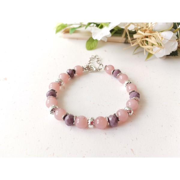 Kit bracelet ajustable perles en verre prune et vieux rose - Photo n°1