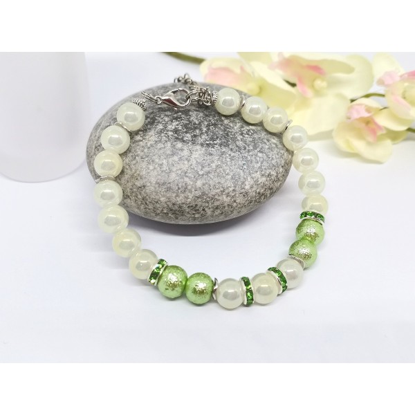 Kit bracelet ajustable perles en verre beige et verte - Photo n°2