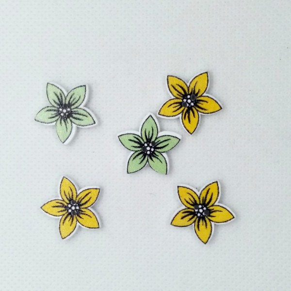 5 Boutons en bois - fleur jaune et vert - 18mm - bri515 - Photo n°1