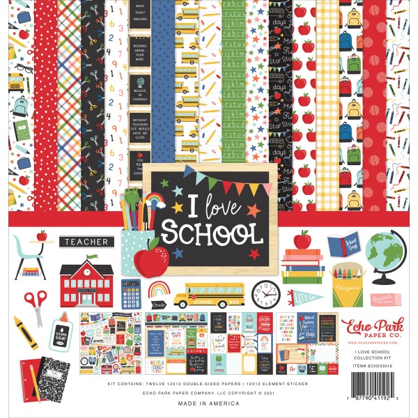 Papier scrapbooking  Echo Park - I Love School - 30x30 - 12 feuilles + stickers - Photo n°1