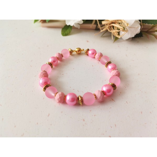 Kit bracelet ajustable perles en verre rose 16 cm - Photo n°1