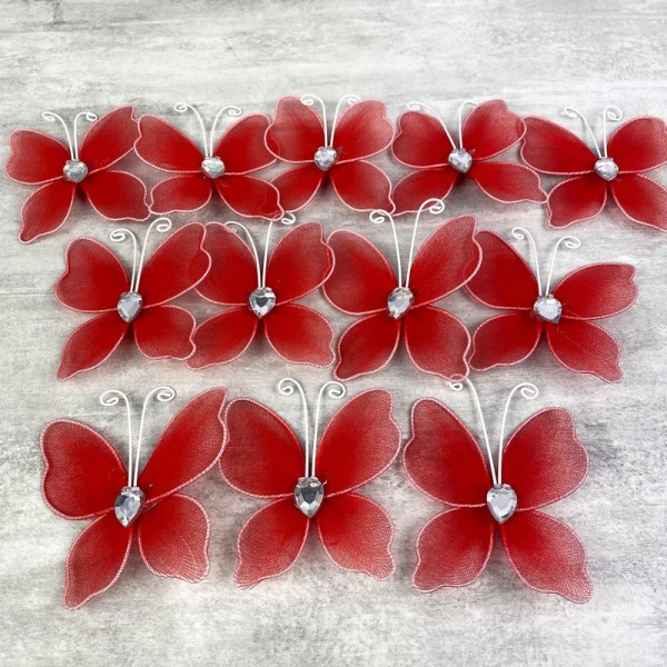 Lot de 12 Papillons en tulle Rouge et armature, strass au centre, 5 x 6 cm - Photo n°1