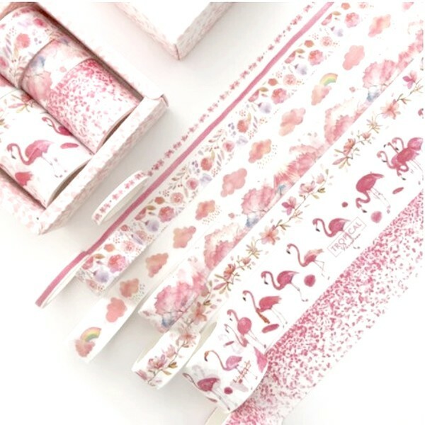 8 Rubans adhésifs washi tape collage décoration assorties FLEUR ROSE FLAMAND ROSE - Photo n°1