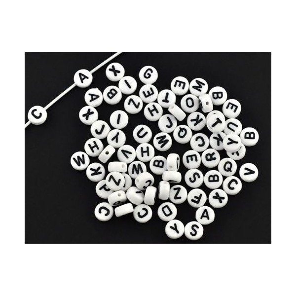 PS1108354 PAX 100 pendentifs Perles intercalaire passants Rond Plat Blanc 7mm motif Alphabet Noir A - Photo n°1