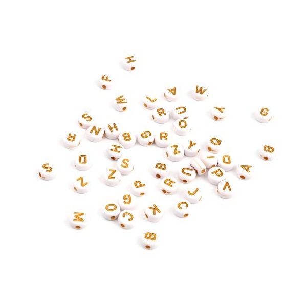 PS11662439 PAX 100 pendentifs Perles intercalaire passants Rond Plat Blanc 7mm motif Alphabet Doré - Photo n°1