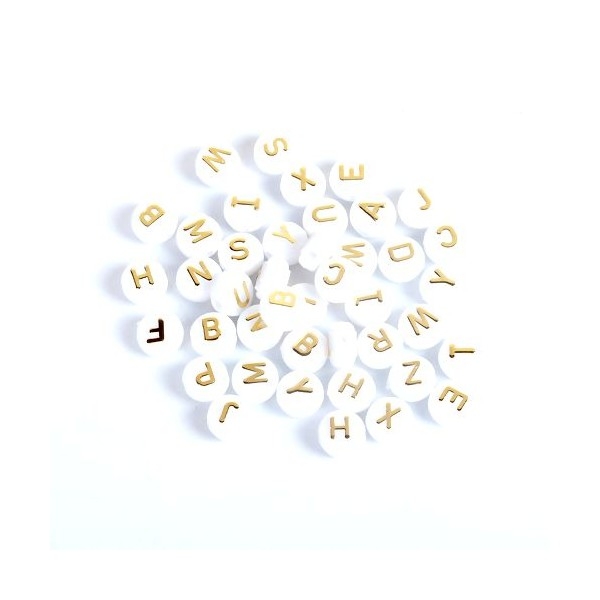 PS110106135 PAX 50 Perles intercalaire passants Rond Plat 10mm Blanc et Doré Alphabet Acrylique - Photo n°1