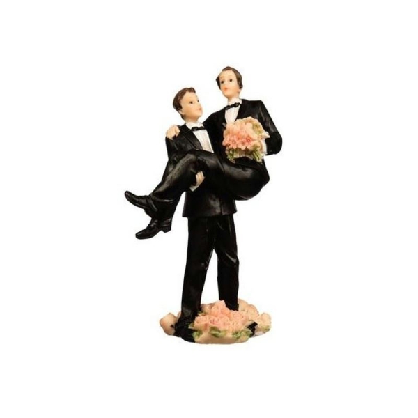 Couple de mariés hommes en résine, H. 14 cm, Figurine Marié portant le conjoint - Photo n°1