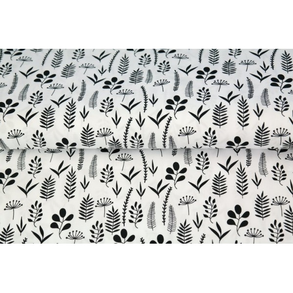 Tissu STENZO popeline de coton - blé, feuilles champêtre noir et blanc - 20cm / laize - Photo n°1