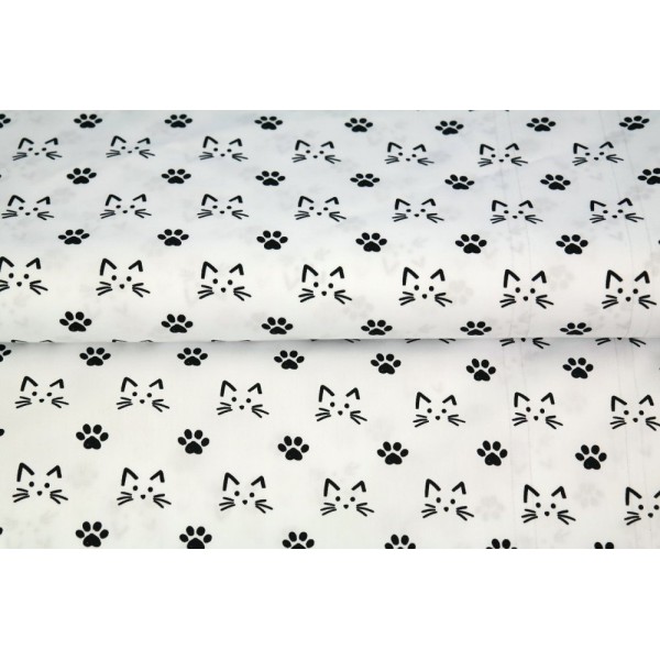Tissu STENZO popeline de coton - tête de chat blanc et noir - 20cm / laize - Photo n°1