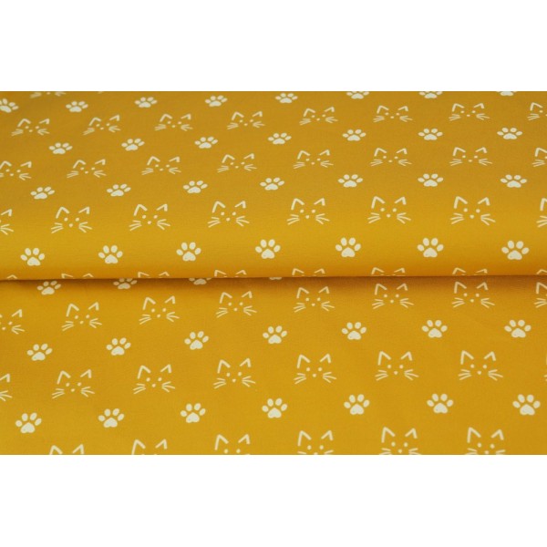 Coupon tissu STENZO popeline de coton - tête de chat blanc et moutarde - 50x50cm - Photo n°1