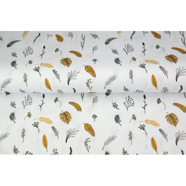 Coupon tissu STENZO popeline de coton - plumes , feuilles blanc et moutarde - 50x50cm - Photo n°1