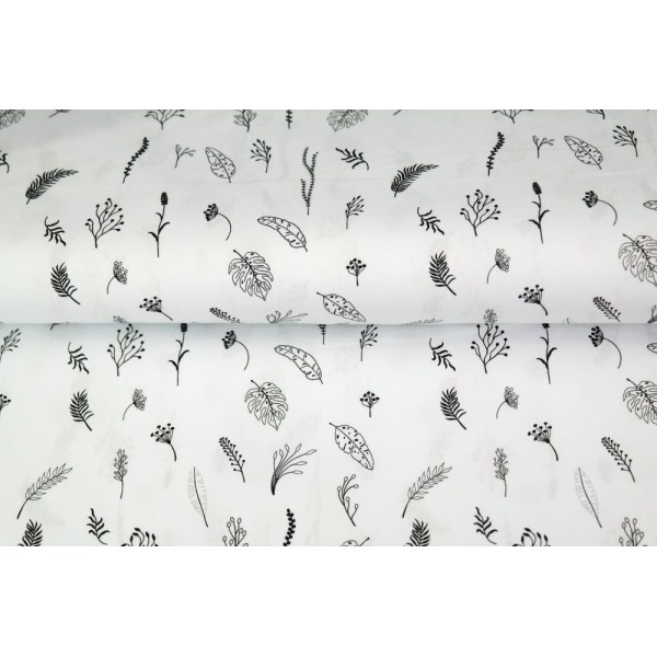 Coupon tissu STENZO popeline de coton - plumes , feuilles blanc et noir - 50x50cm - Photo n°1