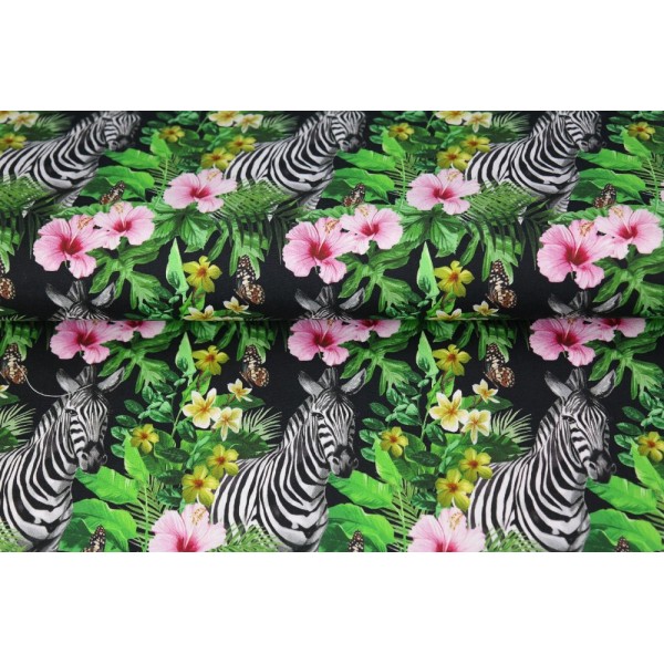 Coupon tissu STENZO popeline de coton - zèbre et fleurs multicolore  - 50x50cm - Photo n°1
