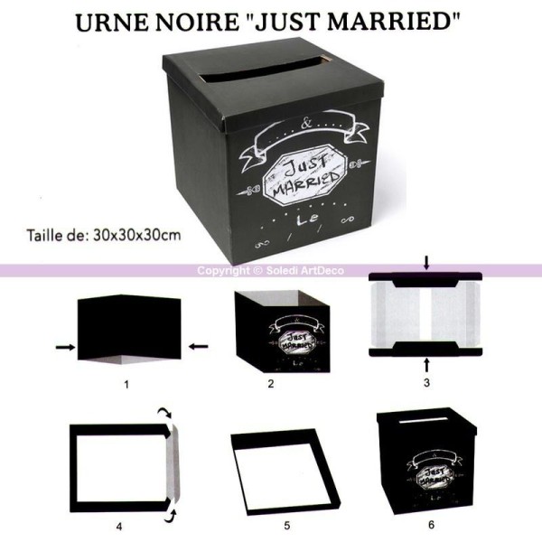 Urne Carrée en carton noir et impression Just Married, 30 x 30 x 30 cm à déplie - Photo n°1