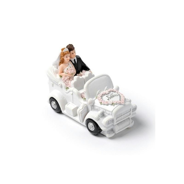 Couple de mariés dans une voiture cabriolet en résine, longueur 11cm - Photo n°1