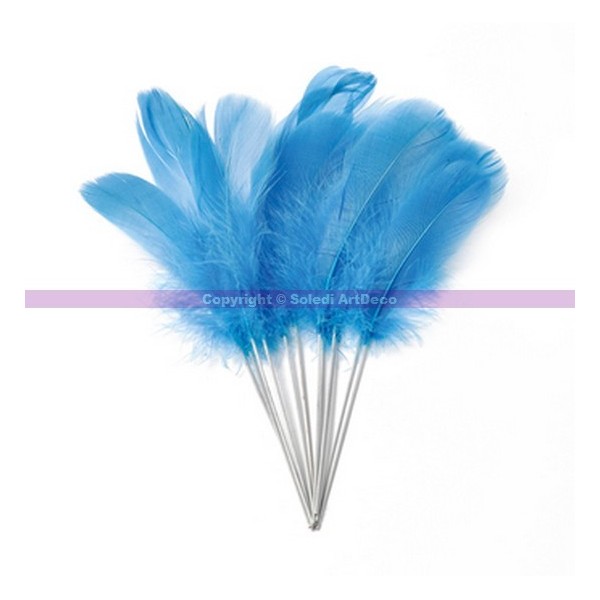 Lot de 12 plumes Bleu turquoise véritables sur pique, hauteur totale 22 cm - Photo n°1