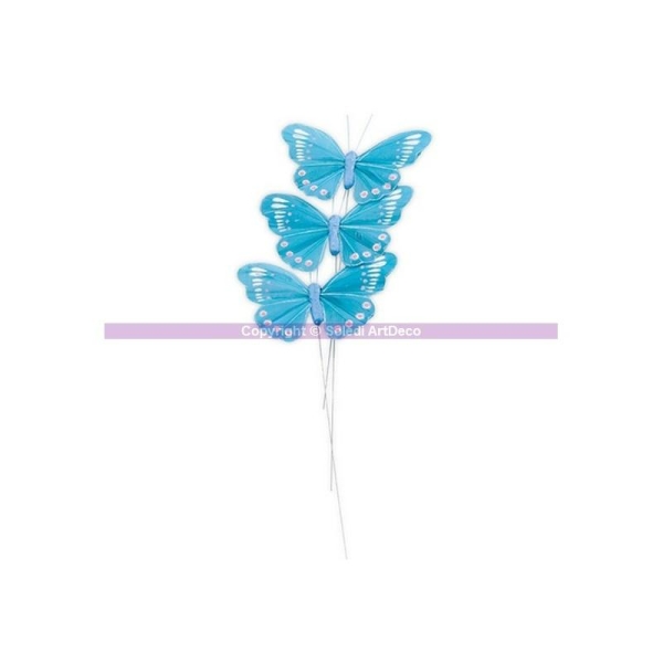 Papillon en plume de couleur Bleu Turquoise, 7,5 cm, lot de 3 - Photo n°1