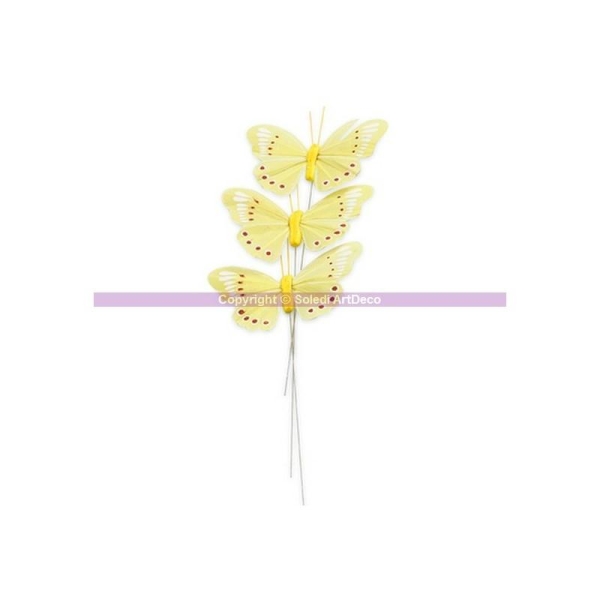 Papillon en plume de couleur Jaune Clair, 7,5 cm, lot de 3 - Photo n°1