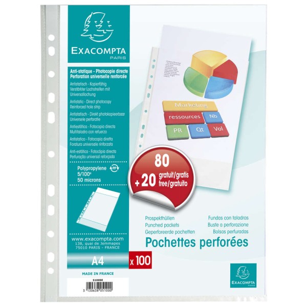 Pochettes perforées - A4 - Pack promo 80+20 GRATUITS - Photo n°1