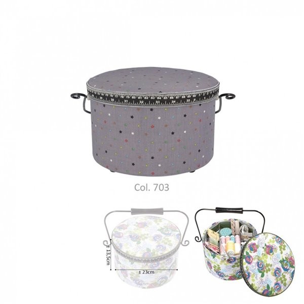 Boîte à couture ronde 22x13,5cm étoiles multicolores fonds gris - Photo n°1