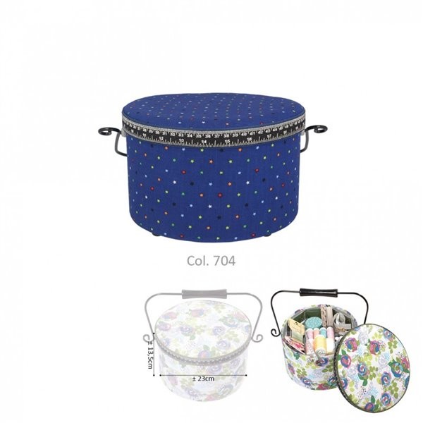 Boîte à couture ronde 22x13,5cm étoiles multicolores sur fonds bleu - Photo n°1