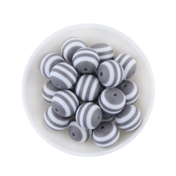 20 Perles en Acrylique Ronde Rayées 8mm Couleur Blanc et Gris - Photo n°1