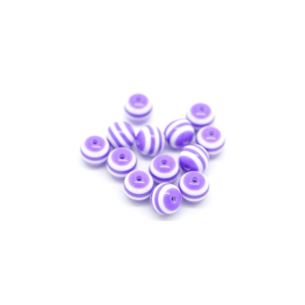 20 Perles en Acrylique Ronde Rayées 8mm Couleur Violet Et Blanc - Photo n°1