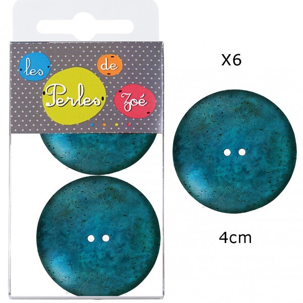 6 Boutons coco 4cm Turquoise - Photo n°1