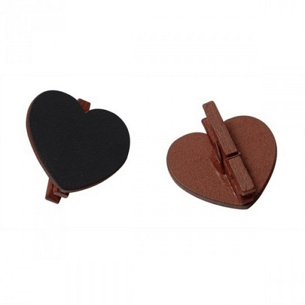 Lot de 4 Coeurs chocolat avec ardoise sur pince en bois, Larg. 5,5 cm, mariage, mémo, portes-noms - Photo n°1