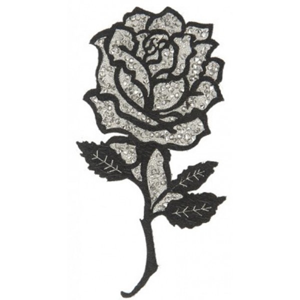 Ecusson thermocollant Rose entière avec strass argent XL 5x11cm - Photo n°1