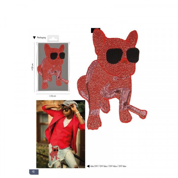 Ecusson à coudre XL chien bouledogue avec guitare à sequins rouge 21cm x 14,5cm - Photo n°1