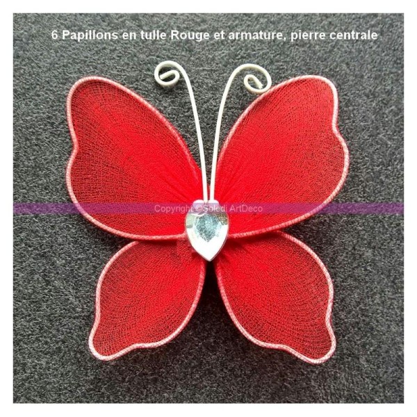 Lot de 6 Papillons en tulle Rouge et armature, pierre centrale, 5 x 6 cm - Photo n°1