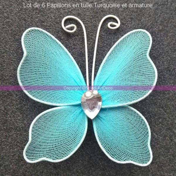 Lot de 6 Papillons en tulle Turquoise et armature, pierre centrale, 5 x 6 cm - Photo n°1