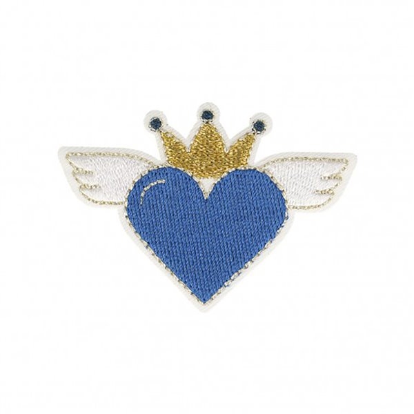 Ecusson thermocollant cœur avec ailes bleu 4x6cm - Photo n°1