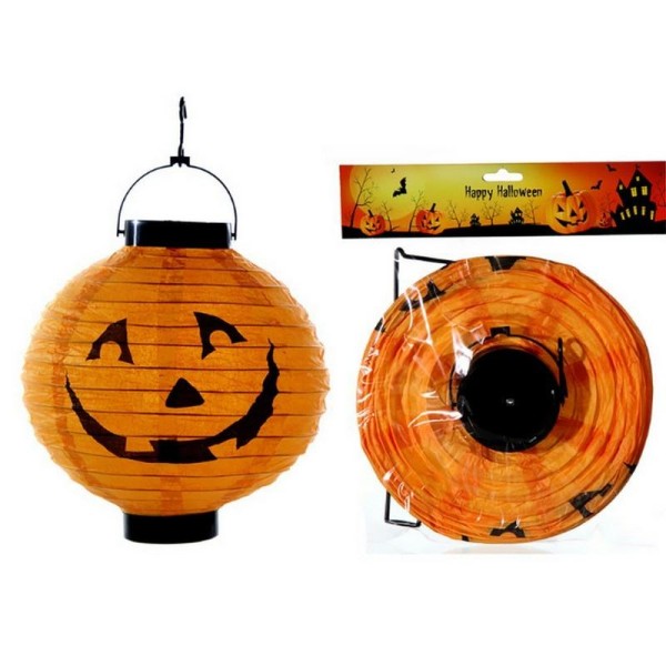 Lampion Boule LED Citrouille d'Halloween, Lanterne papier Orange, diamètre 20 cm - Photo n°1